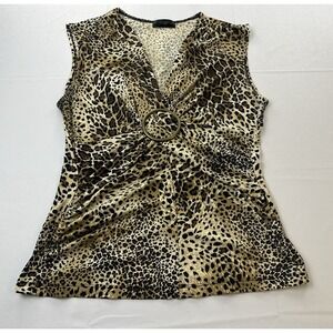 J.T.B. Petite Medium Y2K Leopard Print O Ring Ruched Wrap Sleeveless Top Stretch